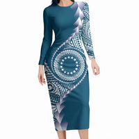 Cook Islands Gospel Day Long Sleeve Bodycon Dress Blue Tribal Curves