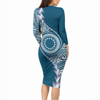 Cook Islands Gospel Day Long Sleeve Bodycon Dress Blue Tribal Curves