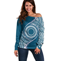 Cook Islands Gospel Day Off Shoulder Sweater Blue Tribal Curves