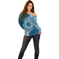 Cook Islands Gospel Day Off Shoulder Sweater Blue Tribal Curves