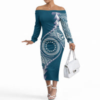 Cook Islands Gospel Day Off The Shoulder Long Sleeve Dress Blue Tribal Curves