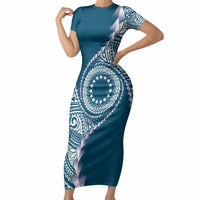 Cook Islands Gospel Day Short Sleeve Bodycon Dress Blue Tribal Curves