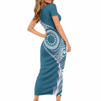 Cook Islands Gospel Day Short Sleeve Bodycon Dress Blue Tribal Curves