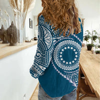 Cook Islands Gospel Day Women Casual Shirt Blue Tribal Curves