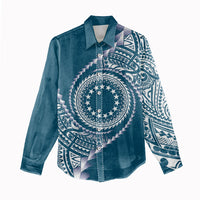 Cook Islands Gospel Day Women Casual Shirt Blue Tribal Curves