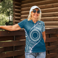 Cook Islands Gospel Day Women Polo Shirt Blue Tribal Curves