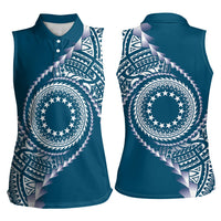 Cook Islands Gospel Day Women Sleeveless Polo Shirt Blue Tribal Curves