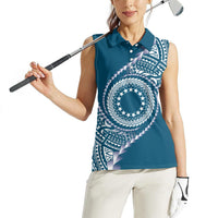 Cook Islands Gospel Day Women Sleeveless Polo Shirt Blue Tribal Curves