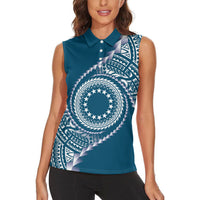 Cook Islands Gospel Day Women Sleeveless Polo Shirt Blue Tribal Curves
