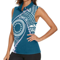 Cook Islands Gospel Day Women Sleeveless Polo Shirt Blue Tribal Curves