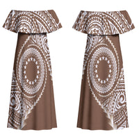 Cook Islands Gospel Day Couples Matching Off Shoulder Maxi Dress and Hawaiian Shirt Brown Tribal Curves