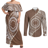 Cook Islands Gospel Day Couples Matching Off Shoulder Maxi Dress and Long Sleeve Button Shirt Brown Tribal Curves