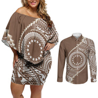 Cook Islands Gospel Day Couples Matching Off Shoulder Short Dress and Long Sleeve Button Shirt Brown Tribal Curves
