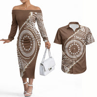 Cook Islands Gospel Day Couples Matching Off The Shoulder Long Sleeve Dress and Hawaiian Shirt Brown Tribal Curves