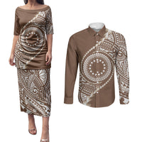 Cook Islands Gospel Day Couples Matching Puletasi and Long Sleeve Button Shirt Brown Tribal Curves