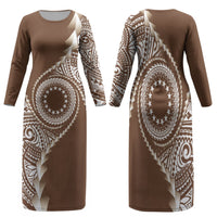 Cook Islands Gospel Day Family Matching Long Sleeve Bodycon Dress and Hawaiian Shirt Brown Tribal Curves