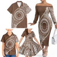 Cook Islands Gospel Day Family Matching Off The Shoulder Long Sleeve Dress and Hawaiian Shirt Brown Tribal Curves