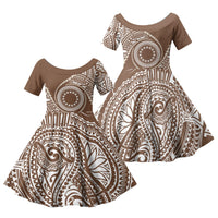 Cook Islands Gospel Day Family Matching Off Shoulder Short Dress and Hawaiian Shirt Brown Tribal Curves