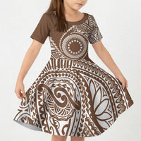 Cook Islands Gospel Day Kid Short Sleeve Dress Brown Tribal Curves