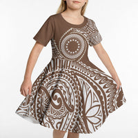 Cook Islands Gospel Day Kid Short Sleeve Dress Brown Tribal Curves