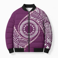 Cook Islands Gospel Day Bomber Puffer Jacket Maroon Tribal Curves