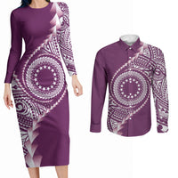 Cook Islands Gospel Day Couples Matching Long Sleeve Bodycon Dress and Long Sleeve Button Shirt Maroon Tribal Curves