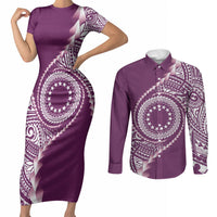 Cook Islands Gospel Day Couples Matching Short Sleeve Bodycon Dress and Long Sleeve Button Shirt Maroon Tribal Curves
