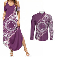 Cook Islands Gospel Day Couples Matching Summer Maxi Dress and Long Sleeve Button Shirt Maroon Tribal Curves