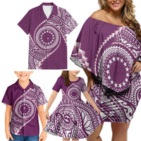 Cook Islands Gospel Day Family Matching Off Shoulder Short Dress and Hawaiian Shirt Maroon Tribal Curves