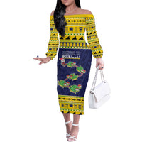 Tokelau Christmas Off The Shoulder Long Sleeve Dress Tokelauan Turtle Santa Sleigh LT05 Women Yellow - Polynesian Pride