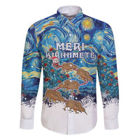 New Zealand Christmas Family Matching Tank Maxi Dress and Hawaiian Shirt Kiwis Santa Sleigh Starry Night Style LT05 Dad's Shirt - Long Sleeve Blue - Polynesian Pride