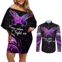 Pancreatic Cancer Awareness Couples Matching Off Shoulder Short Dress and Long Sleeve Button Shirt Keep Calm And Fight On Polynesian Pattern LT05 Purple - Polynesian Pride
