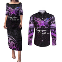 Pancreatic Cancer Awareness Couples Matching Puletasi Dress and Long Sleeve Button Shirt Keep Calm And Fight On Polynesian Pattern LT05 Purple - Polynesian Pride
