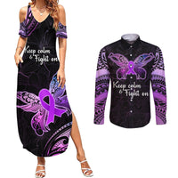 Pancreatic Cancer Awareness Couples Matching Summer Maxi Dress and Long Sleeve Button Shirt Keep Calm And Fight On Polynesian Pattern LT05 Purple - Polynesian Pride