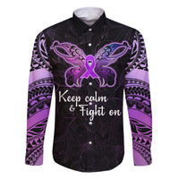 Pancreatic Cancer Awareness Family Matching Off Shoulder Long Sleeve Dress and Hawaiian Shirt Keep Calm And Fight On Polynesian Pattern LT05 Dad's Shirt - Long Sleeve Purple - Polynesian Pride