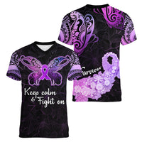 Pancreatic Cancer Awareness Women V Neck T Shirt Keep Calm And Fight On Polynesian Pattern LT05 - Polynesian Pride