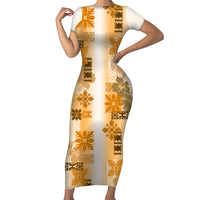 Hawaiian Quilt Family Matching Short Sleeve Bodycon Dress and Hawaiian Shirt Vintage Pattern Brown LT05 Mom's Dress Brown - Polynesian Pride