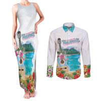 Aloha Hawaii Waikiki Beach Landscape Couples Matching Tank Maxi Dress and Long Sleeve Button Shirt LT05 White - Polynesian Pride