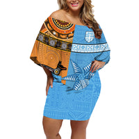 Custom Fiji Tapa And Australia Aboriginal Together Family Matching Off Shoulder Short Dress and Hawaiian Shirt LT05 Mom's Dress Blue - Polynesian Pride