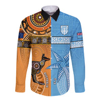 Custom Fiji Tapa And Australia Aboriginal Together Long Sleeve Button Shirt LT05 Unisex Blue - Polynesian Pride