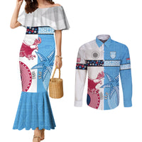 Custom Fiji And USA Palm Tree With Eagle Couples Matching Mermaid Dress and Long Sleeve Button Shirt LT05 Blue - Polynesian Pride