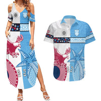 Custom Fiji And USA Palm Tree With Eagle Couples Matching Summer Maxi Dress and Hawaiian Shirt LT05 Blue - Polynesian Pride