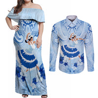 Cook Islands Women's Day Couples Matching Off Shoulder Maxi Dress and Long Sleeve Button Shirt With Polynesian Pattern LT05 Blue - Polynesian Pride