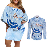 Cook Islands Women's Day Couples Matching Off Shoulder Short Dress and Long Sleeve Button Shirt With Polynesian Pattern LT05 Blue - Polynesian Pride