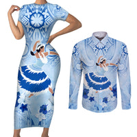 Cook Islands Women's Day Couples Matching Short Sleeve Bodycon Dress and Long Sleeve Button Shirt With Polynesian Pattern LT05 Blue - Polynesian Pride