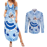 Cook Islands Women's Day Couples Matching Summer Maxi Dress and Long Sleeve Button Shirt With Polynesian Pattern LT05 Blue - Polynesian Pride