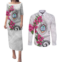 Guam Chamorro Couples Matching Puletasi and Long Sleeve Button Shirt Curves Polynesian Tattoo Mix Bougainvillea