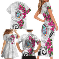 Guam Chamorro Family Matching Short Sleeve Bodycon Dress and Hawaiian Shirt Curves Polynesian Tattoo Mix Bougainvillea