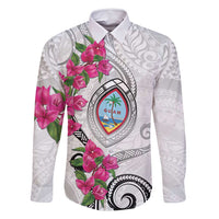 Guam Chamorro Family Matching Tank Maxi Dress and Hawaiian Shirt Curves Polynesian Tattoo Mix Bougainvillea LT05 Dad's Shirt - Long Sleeve White - Polynesian Pride