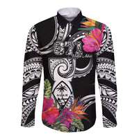 Hafa Adai Guam Long Sleeve Button Shirt Polynesian Tattoo Tropical Flowers LT05 Unisex Black - Polynesian Pride